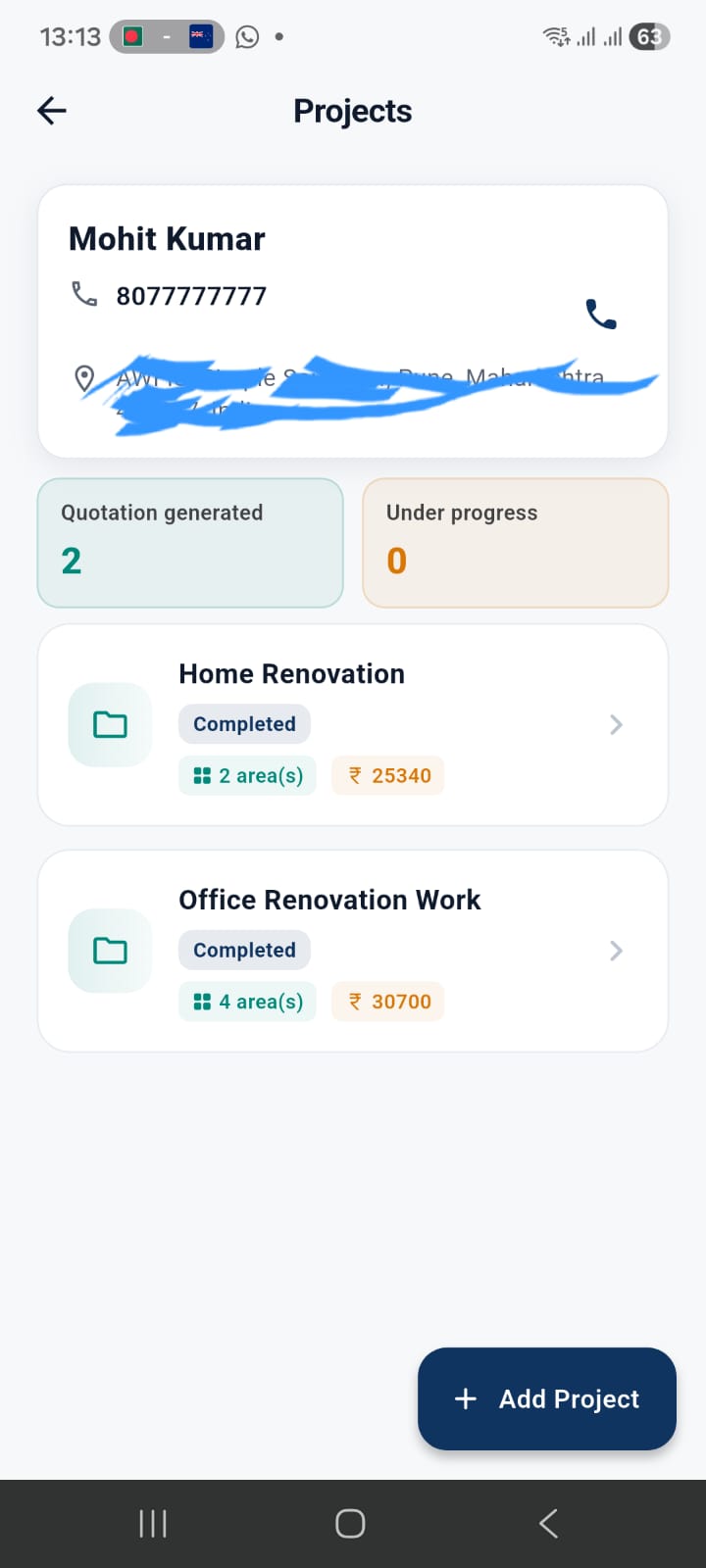 Client and projects screen