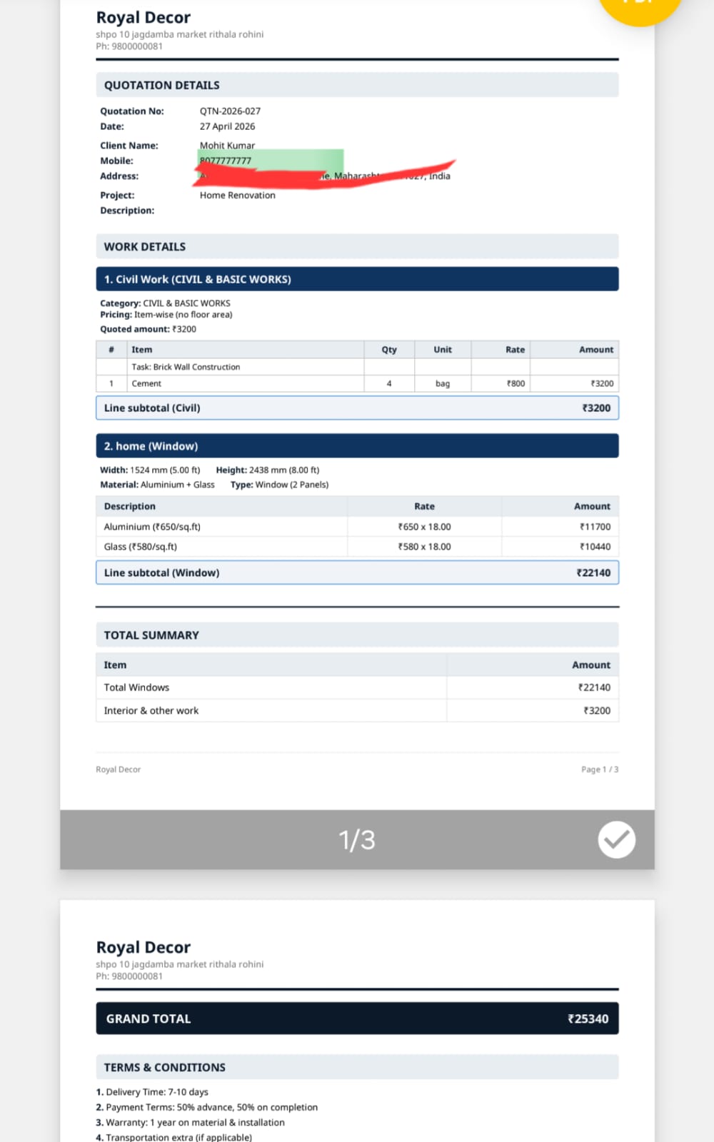 Quotation preview screen